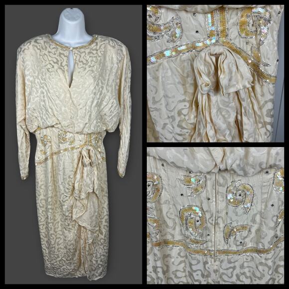A.J. Bari Silk Cream Brocade Gold Sequin Formal Evening Dress Size 12 - Picture 1 of 11